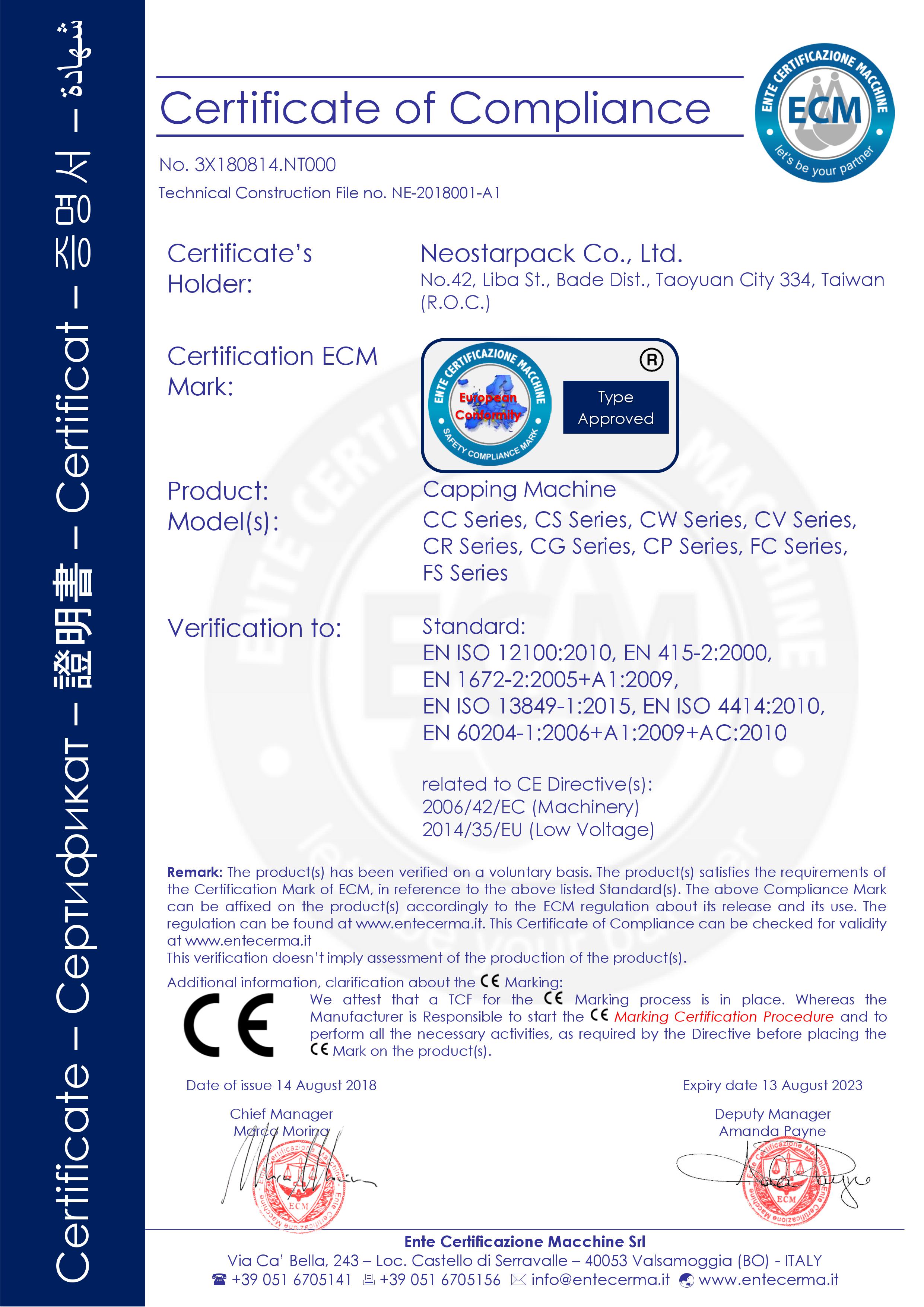 Neostarpack Verschließmaschine CE-Zertifizierung
